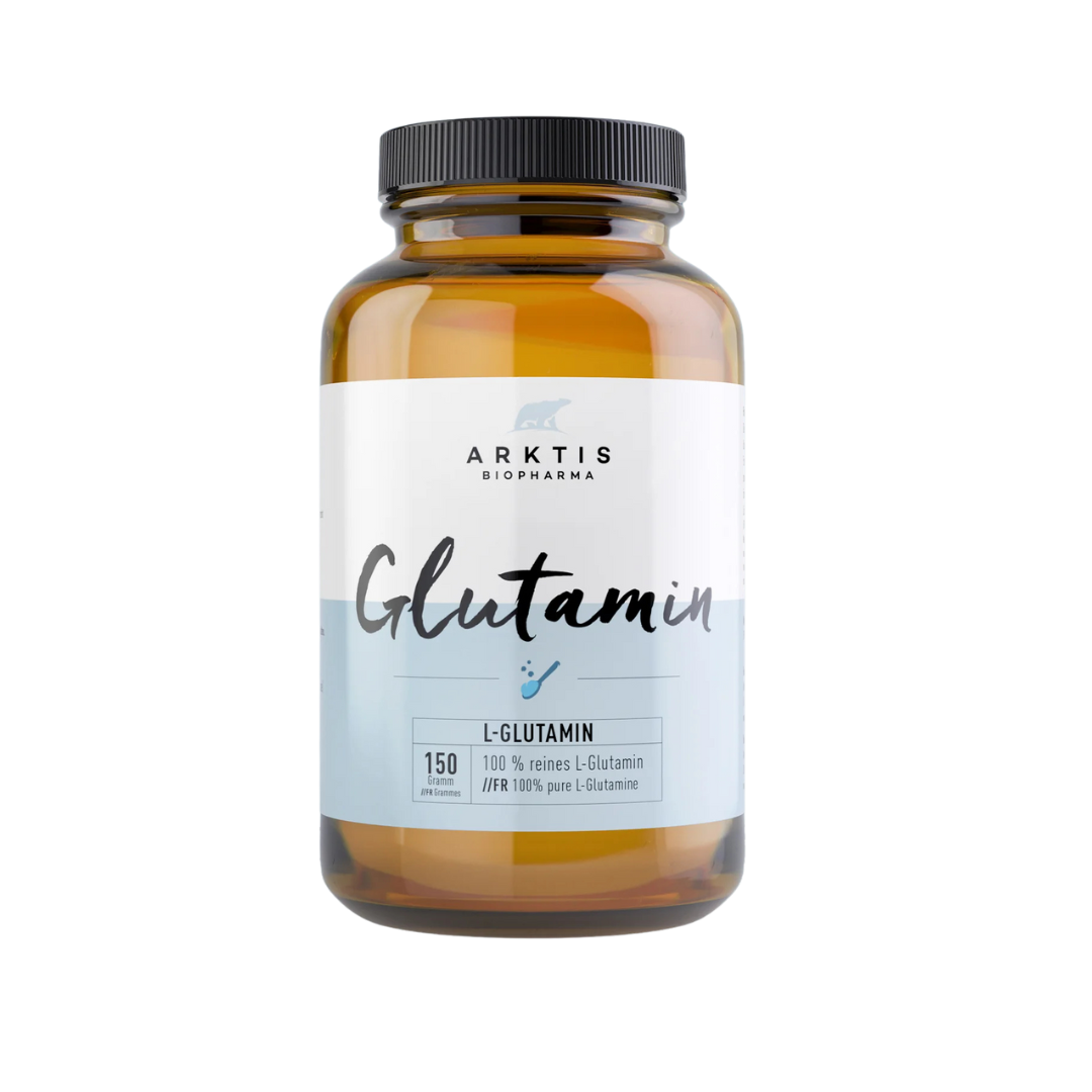 Braune Glasflasche mit schwarzem Deckel, beschriftet mit 'ARKTIS Biopharma Glutamin', 150g, enthält 100% reines L-Glutamin.