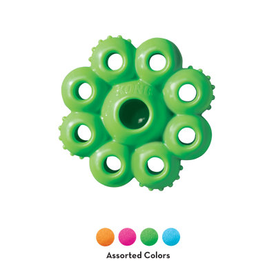 Grünes KONG Quest Star Pod Spielzeug mit acht Öffnungen und einer zentralen Öffnung. Sichtbare Farben: Orange, Pink, Grün und Blau.