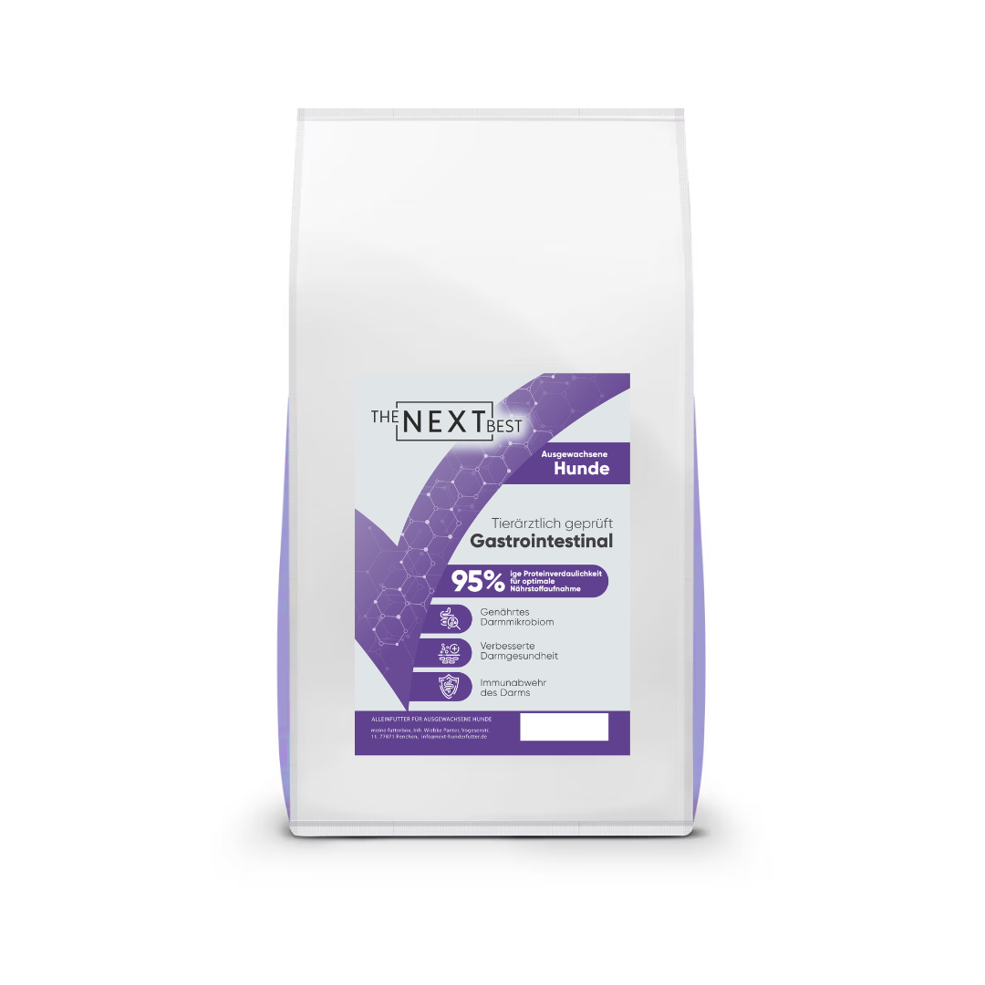 Weißer Futtersack von The Next Best mit der Sorte Gastrointestinal. Hochwertiges Hundefutter mit hohem Fleischanteil, ohne Getreide, künstliche Farb-, Aroma- und Konservierungsstoffe.