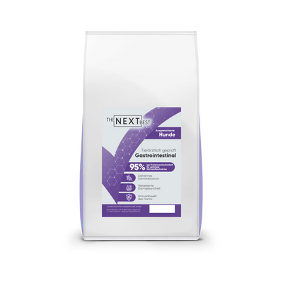 Weißer Futtersack von The Next Best mit der Sorte Gastrointestinal. Hochwertiges Hundefutter mit hohem Fleischanteil, ohne Getreide, künstliche Farb-, Aroma- und Konservierungsstoffe.