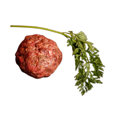Eine "rohe Fleischkugel" und ein kleiner Zweig Petersilie auf transparentem Hintergrund.