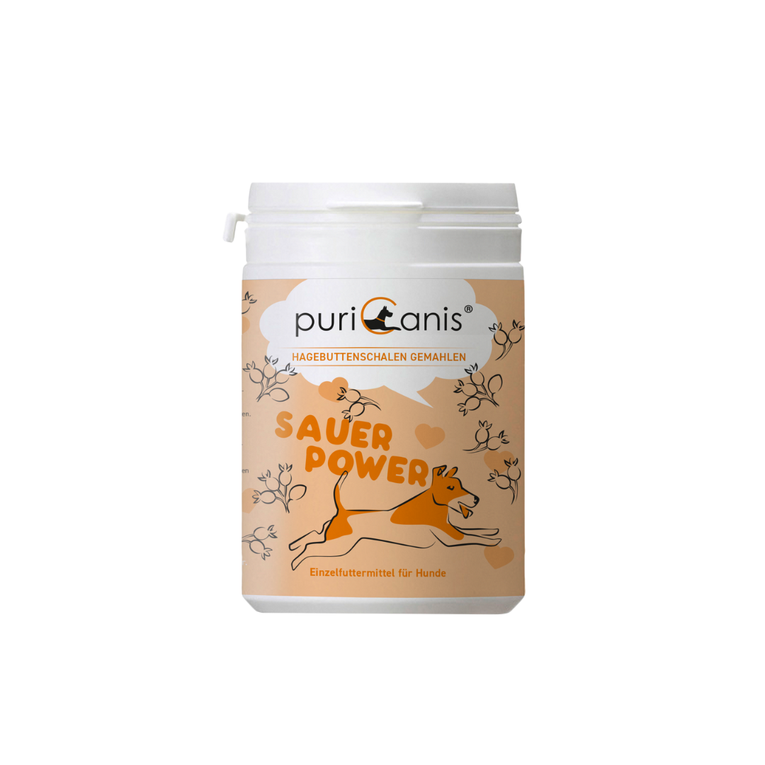 Weißer Behälter mit orangefarbenem Etikett, darauf ein laufender Hund und die Schrift 'SAUER POWER'.