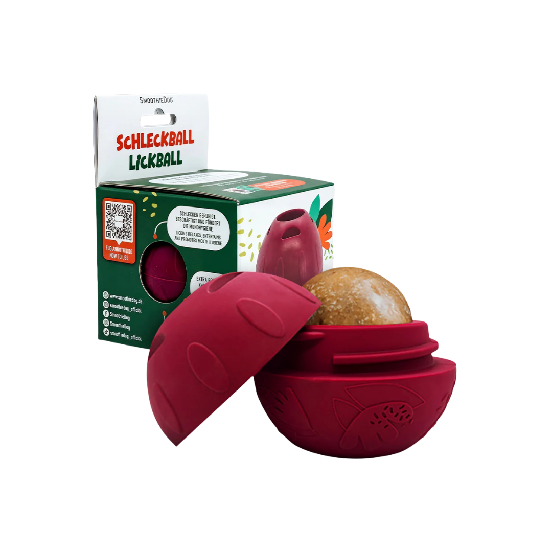 Roter Hundespielzeug-Schleckball mit abnehmbarem Deckel und Verpackung im Hintergrund