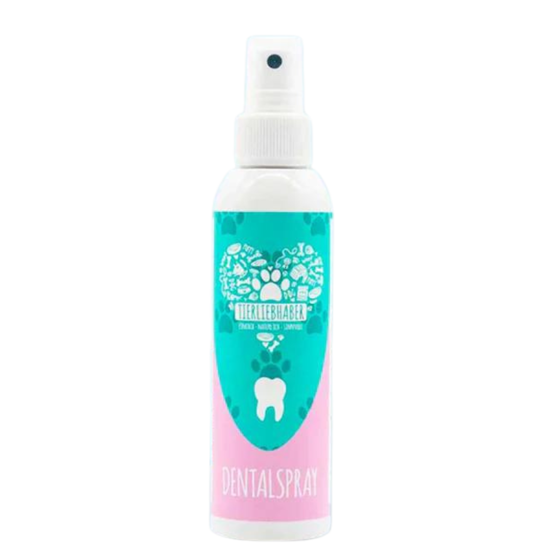 Weißer Sprayflasche mit blau-pinkem Etikett, darauf ein Herz aus Tier- und Zahnsymbolen, Text 'Tierliebhaber' und 'Dentalspray'.