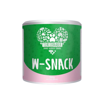 Runde Dose mit grünem Etikett, weißem Deckel, Aufschrift 'Tierliebhaber', Pfotenabdruck und Zeichnungen von Hundespielzeug und Knochen, darunter 'W-Snack'