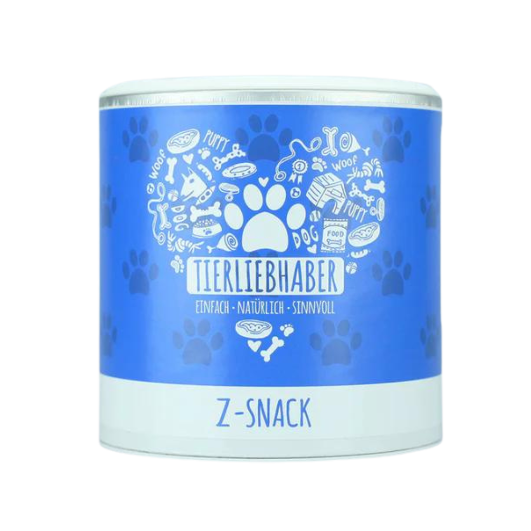 Runde Dose mit blauem Etikett, weißem Deckel, Aufschrift 'Tierliebhaber', Pfotenabdruck und Zeichnungen von Hundespielzeug und Knochen, darunter 'Z-Snack'