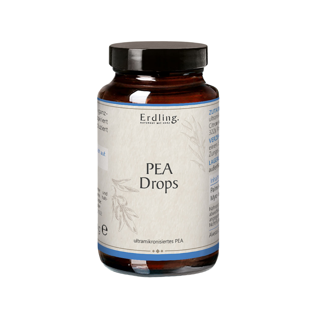 Braunglasflasche mit schwarzem Schraubverschluss und weißem Etikett mit der Aufschrift 'Erdling PEA Drops ultramikronisiertes PEA'