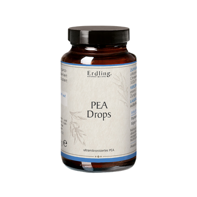 Braunglasflasche mit schwarzem Schraubverschluss und weißem Etikett mit der Aufschrift 'Erdling PEA Drops ultramikronisiertes PEA'