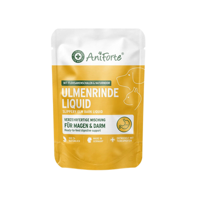Verpackung von Aniforte Ulmenrinde Liquid mit Texten zu Inhaltsstoffen und Verwendungszweck für Magen und Darm bei Hunden und Katzen