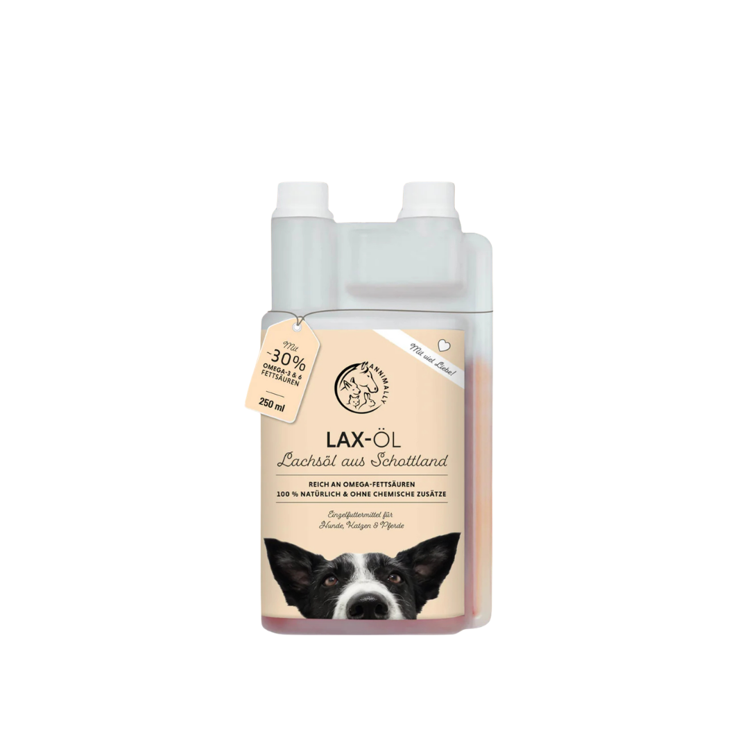 Flasche mit Lachsöl für Hunde mit Etikett und Hundegesicht