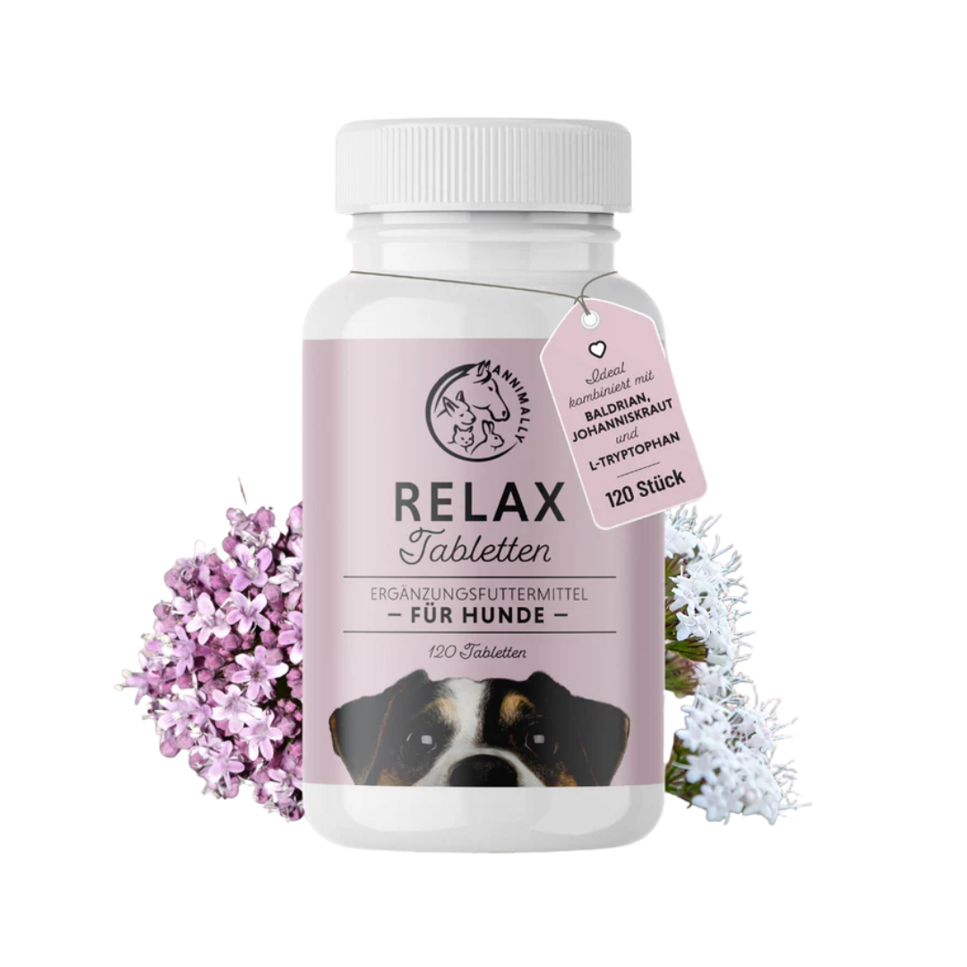 Runde, weiße Flasche mit Schraubverschluss, etikettiert mit 'RELAX Tabletten', enthält 120 Kapseln für Hunde. Abgebildet ist ein Hundekopf auf dem Etikett.