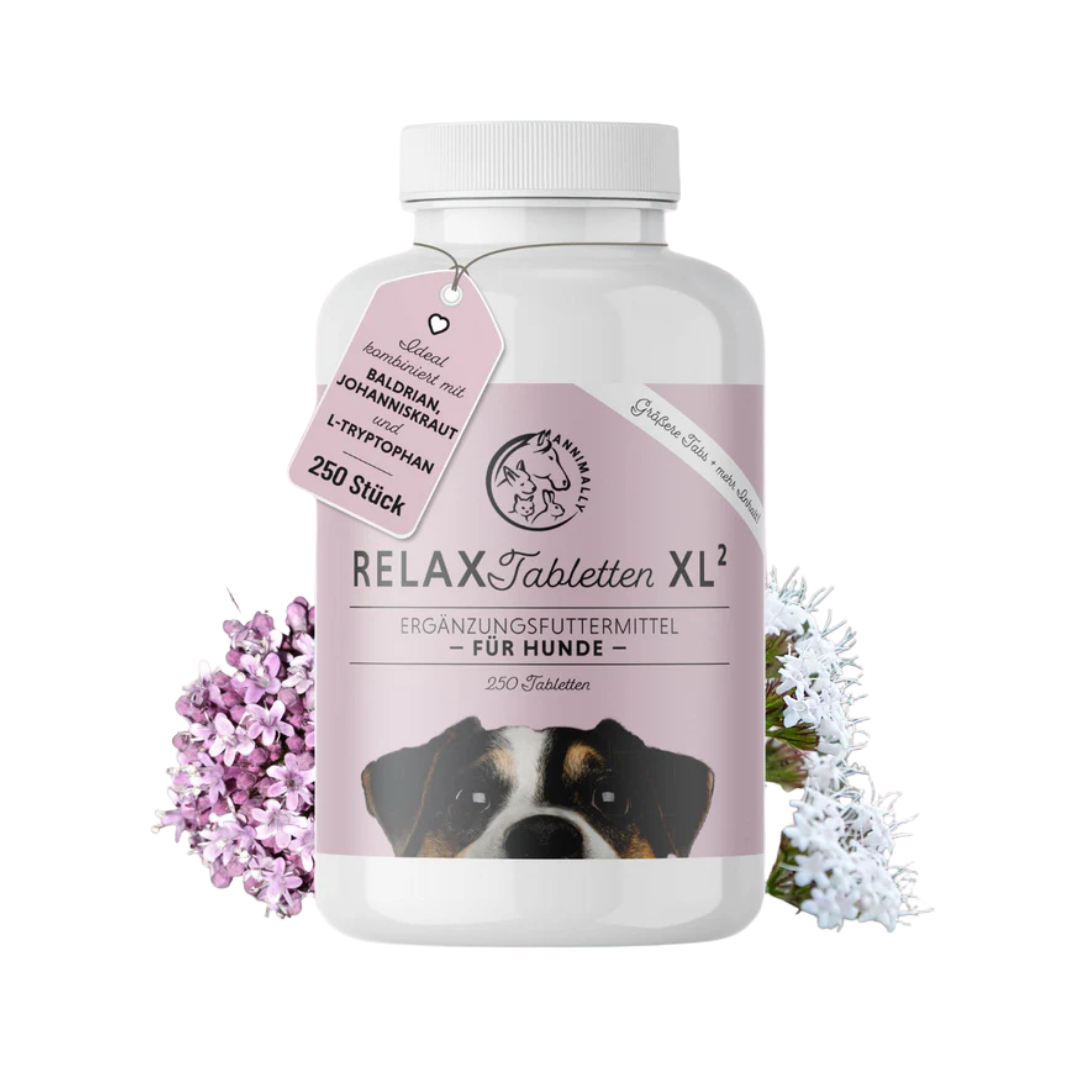 Runde, weiße Flasche mit Schraubverschluss, etikettiert mit 'RELAX Tabletten XL', enthält 250 Kapseln für Hunde. Abgebildet ist ein Hundekopf auf dem Etikett.