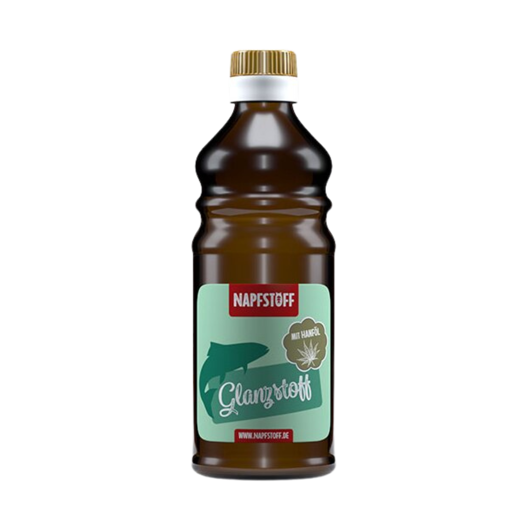 Braune Flasche mit goldfarbenem Deckel, beschriftet mit 'NAPFSTOFF Glanzstoff' und einem grünen Symbol eines Tieres. Inhalt 250 ml.