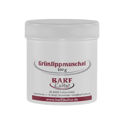 Runder Behälter mit weißem Deckel, beschriftet mit 'Grünlippmuschel 100 g' und dem Logo 'BARF Kultur'.