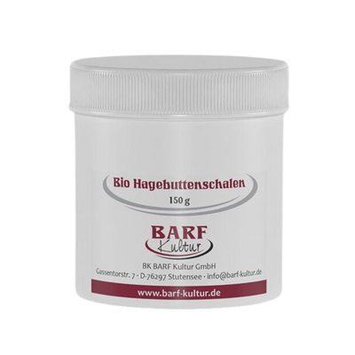 Runder, weißer Kunststoffbehälter mit Schraubdeckel, beschriftet mit 'Bio Hagebuttenschalen 150 g' und dem Logo 'BARF Kultur'.