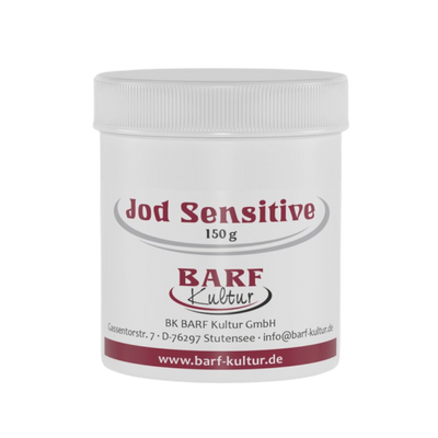 Runder Behälter mit weißem Deckel, beschriftet mit 'jod-sensitiv 150 g' und dem Logo 'BARF Kultur'.