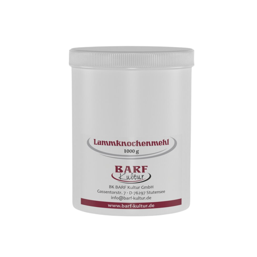 Runder Behälter mit weißem Deckel, beschriftet mit 'Lammknochenmehl 1000 g' und dem Logo 'BARF Kultur'.