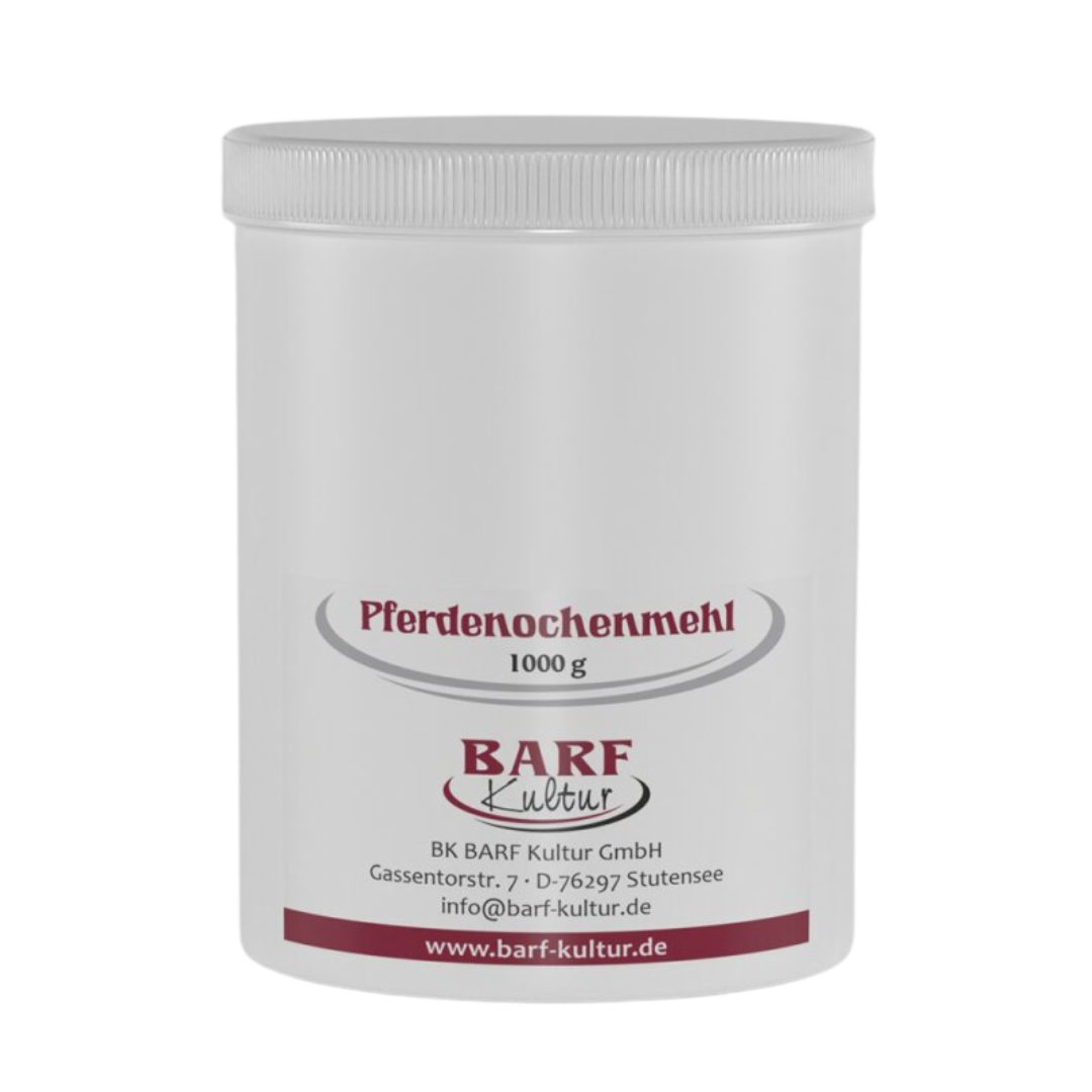 Runder Behälter mit weißem Deckel, beschriftet mit 'Pferdeknochenmehl 1000 g' und dem Logo 'BARF Kultur'.