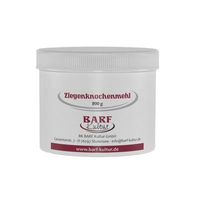 Runder Behälter mit weißem Deckel, beschriftet mit 'Ziegenknochenmehl 200 g' und dem Logo 'BARF Kultur'.