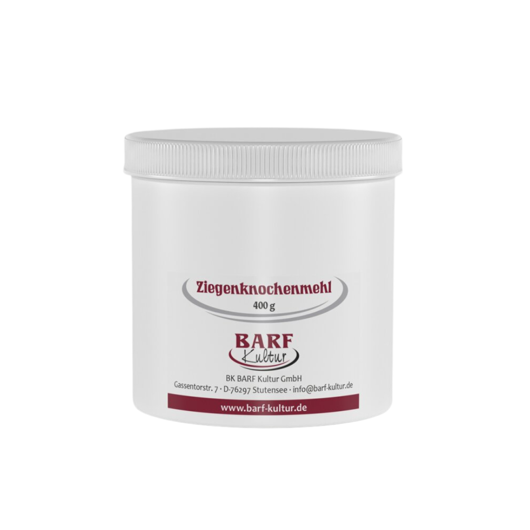 Runder Behälter mit weißem Deckel, beschriftet mit 'Ziegenknochenmehl 400 g' und dem Logo 'BARF Kultur'.