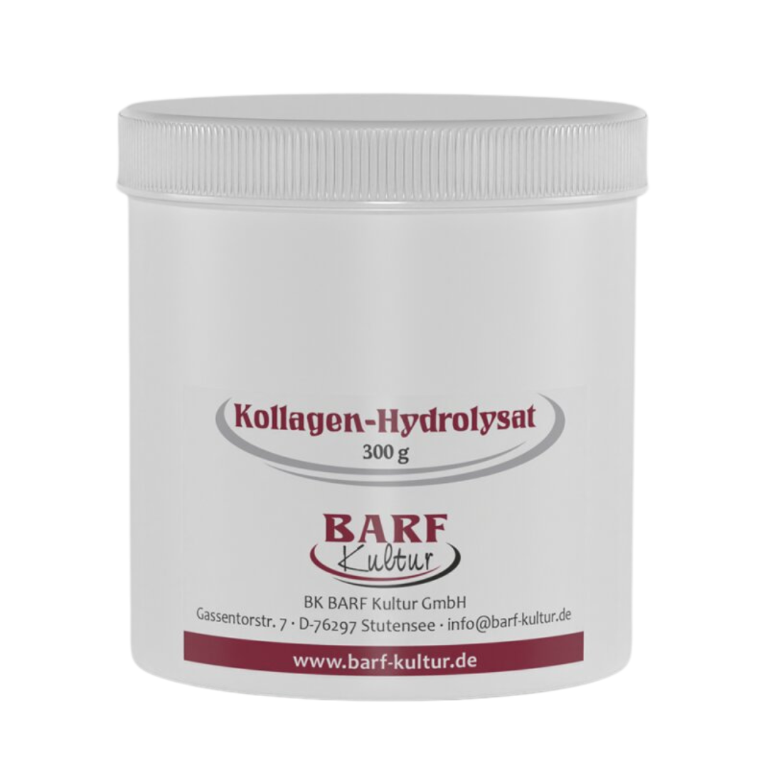 Runder, weißer Behälter mit Schraubdeckel, beschriftet mit 'Kollagen-Hydrolysat 300 g' und 'BARF Kultur'.