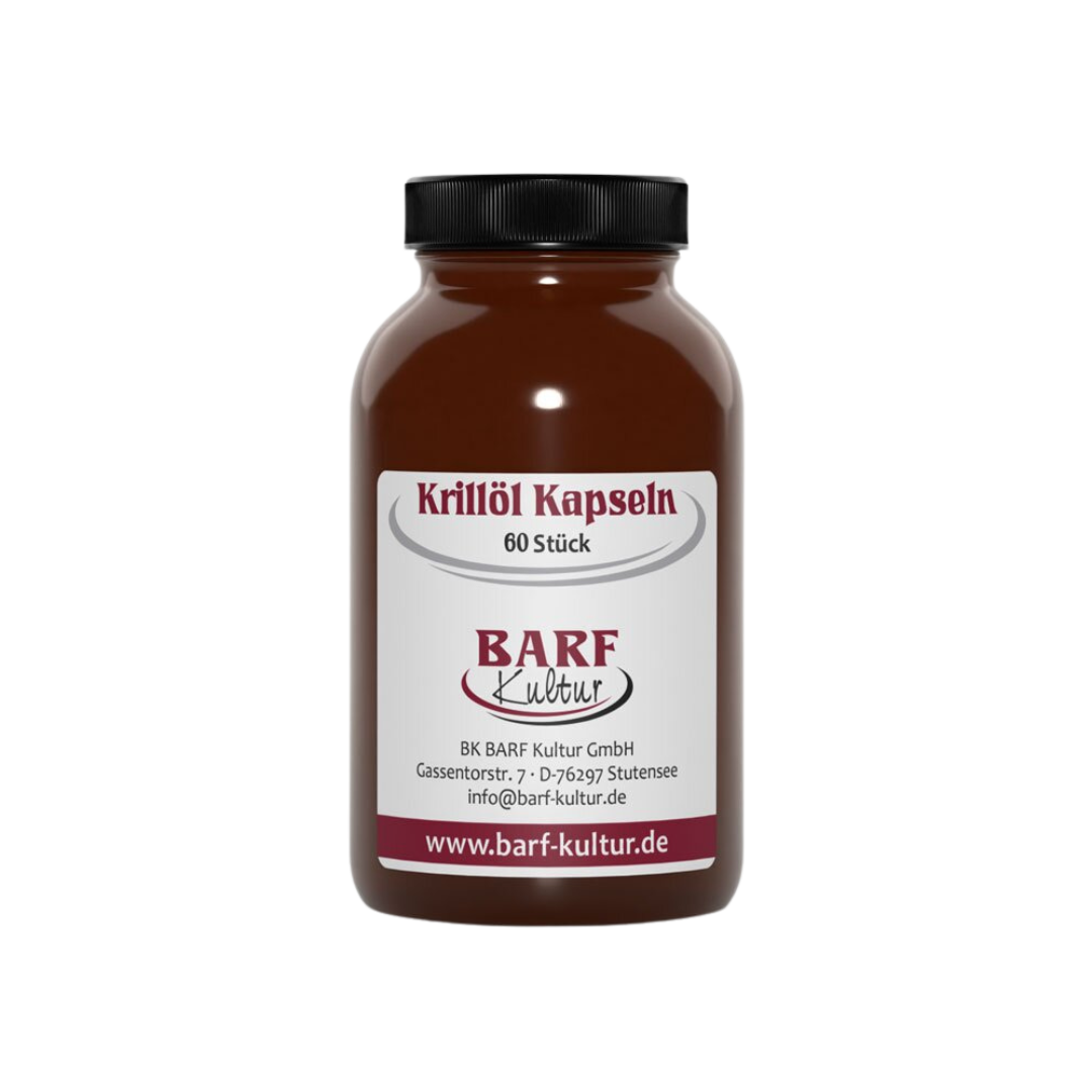Braune Flasche mit schwarzem Deckel, beschriftet mit 'Krillöl Kapseln' und dem Logo Barf Kultur. 60 Stück