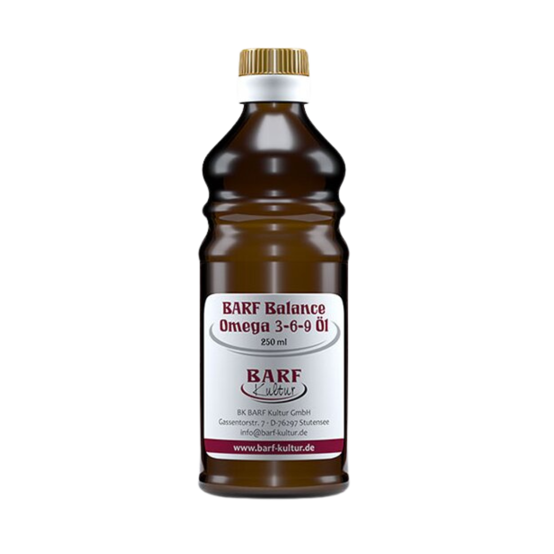 Braune Glasflasche mit Schraubverschluss, gefüllt mit 250 ml BARF Balance Omega 3-6-9 Öl. Auf dem Etikett steht 'BARF Kultur'