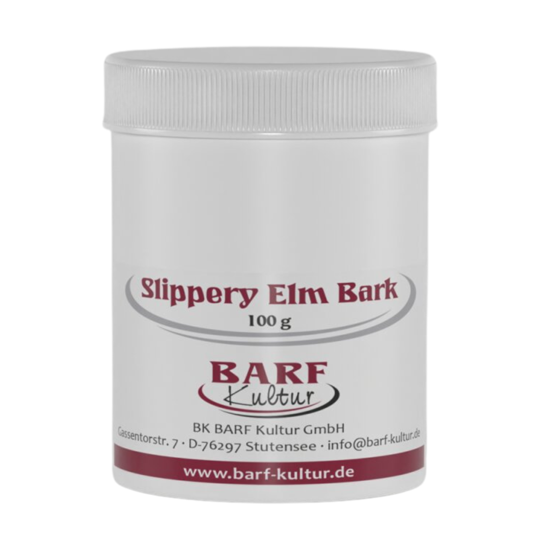 Runder Behälter mit weißem Deckel, beschriftet mit 'slippers-elm-bark 100g' und dem Logo 'BARF Kultur'.