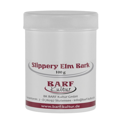Runder Behälter mit weißem Deckel, beschriftet mit 'slippers-elm-bark 100g' und dem Logo 'BARF Kultur'.