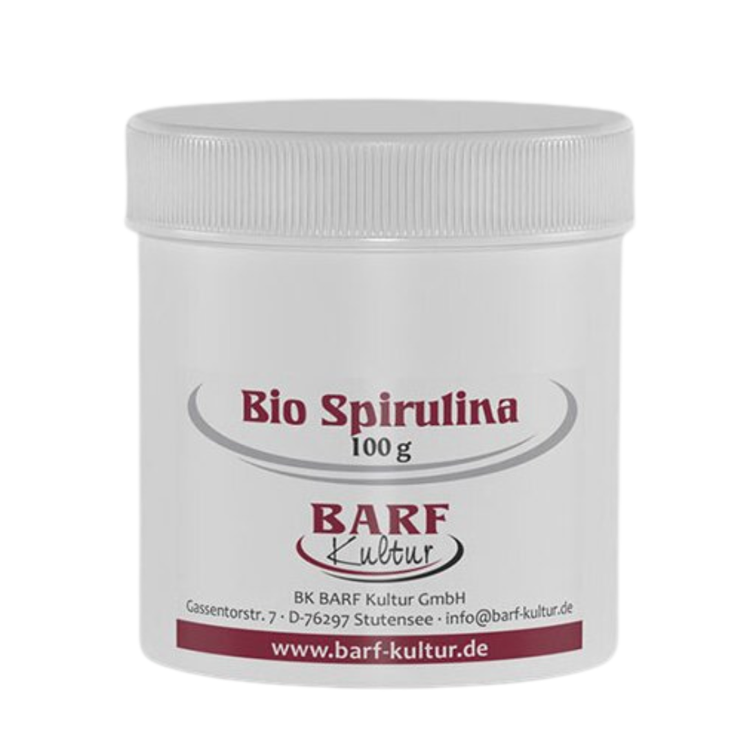 Weißer Kunststoffbehälter mit Schraubdeckel und Aufschrift 'Bio Spirulina 100 g BARF Kultur'