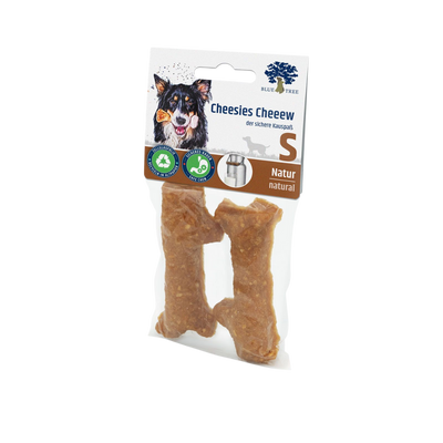 Cheesies Cheeew Hundesnack Größe S, naturbelassen, zwei Kaustangen im Beutel mit Hundemotiv.