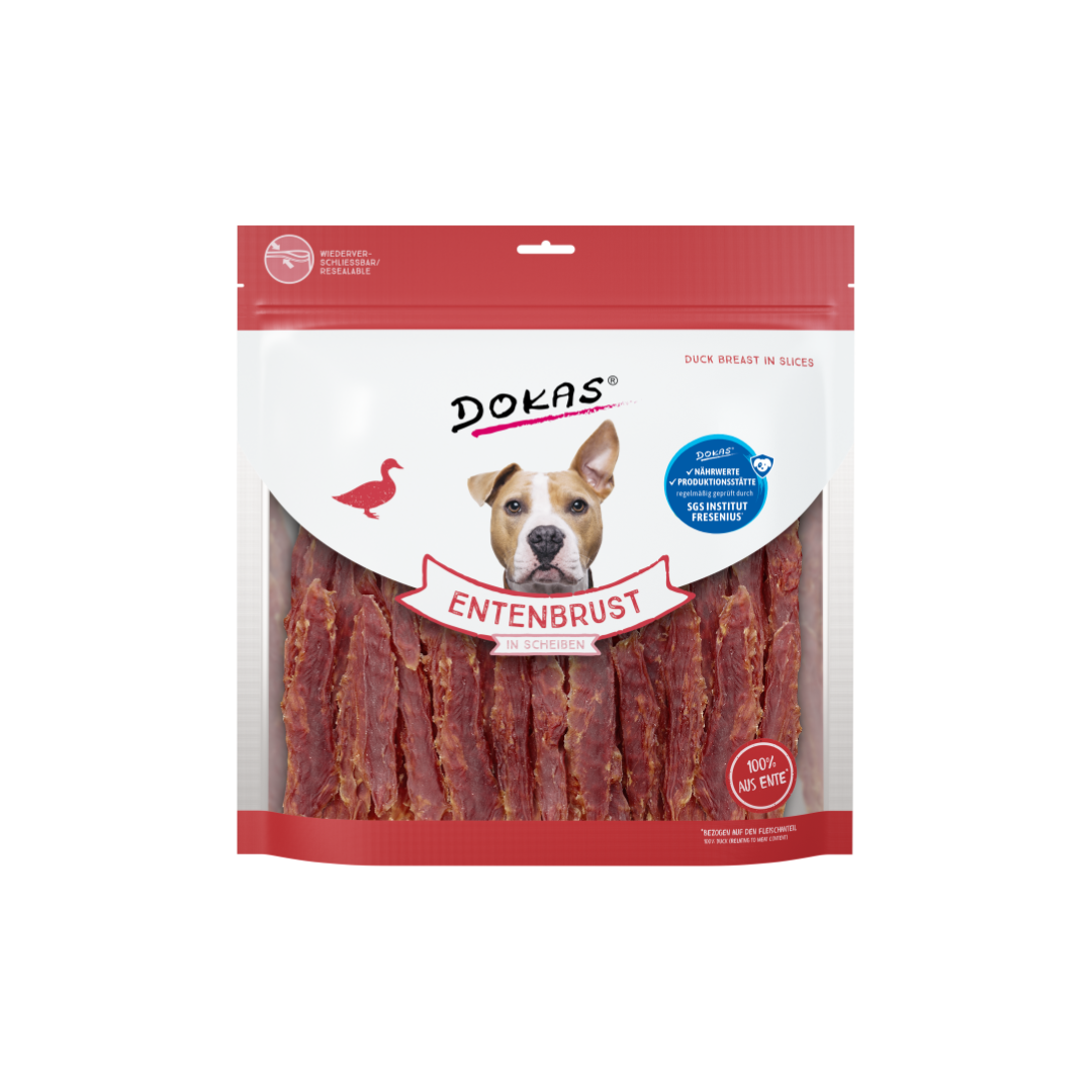 Verpackung mit getrockneten Entenbruststreifen, Marke DOKAS, mit Hundebild und roten Akzenten.
