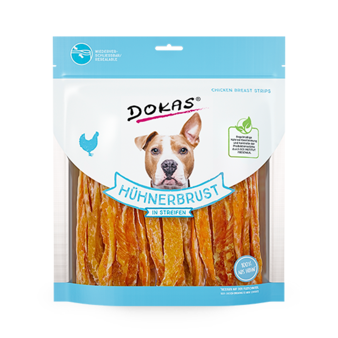 Dokas Hühnerbrust in Streifen – natürlicher Hundesnack, frei von Farb- und Konservierungsstoffen. Ergänzungsfuttermittel für Hunde, erhältlich in 250 g und 500 g.