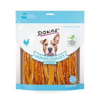 Dokas Hühnerbrust in Streifen – natürlicher Hundesnack, frei von Farb- und Konservierungsstoffen. Ergänzungsfuttermittel für Hunde, erhältlich in 250 g und 500 g.