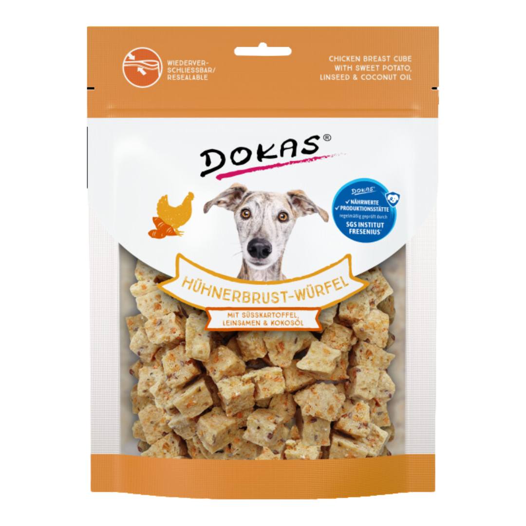Dokas Hühnerbrust-Würfel mit Süßkartoffel – knuspriger Hundesnack als Ergänzungsfuttermittel, enthält Hühnerfleisch und Süßkartoffel. Inhalt: 150 g.