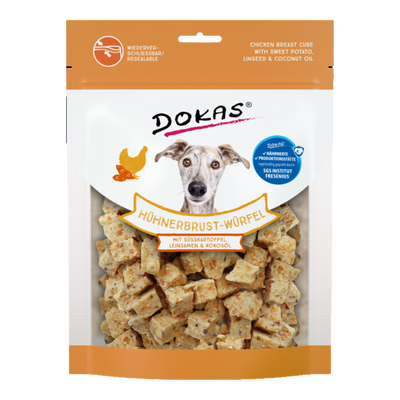 Dokas Hühnerbrust-Würfel mit Süßkartoffel – knuspriger Hundesnack als Ergänzungsfuttermittel, enthält Hühnerfleisch und Süßkartoffel. Inhalt: 150 g.