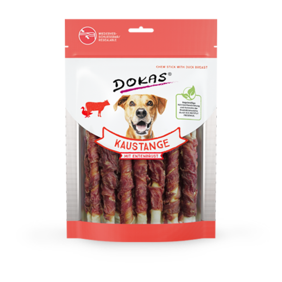 DOKAS Kaustange mit Entenbrust – Hundesnack aus Rinderhaut umhüllt von Entenbrustfilet, als Ergänzungsfuttermittel. Erhältlich in 200 g.