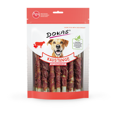 DOKAS Kaustange mit Entenbrust – Hundesnack aus Rinderhaut umhüllt von Entenbrustfilet, als Ergänzungsfuttermittel. Erhältlich in 200 g.