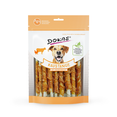 DOKAS Kaustange mit Hühnerbrust – Hundesnack aus Rinderhaut umhüllt von Hühnerbrustfilet, als Ergänzungsfuttermittel. Erhältlich in 200 g.