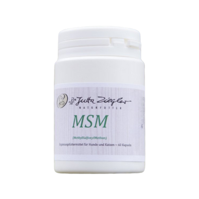 Weißer Kunststoffbehälter mit Schraubverschluss, Aufkleber mit grünem Schriftzug 'MSM' und Text zu Nahrungsergänzungsmitteln für Hunde und Katzen.