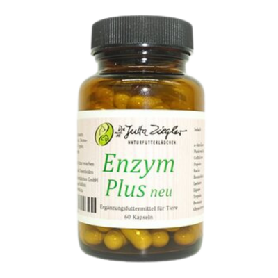 Braune Glasflasche mit schwarzem Deckel, beschriftet mit 'Enzym Plus neu', enthält 60 Kapseln. Aufkleber zeigt Logo und Informationen zu Ergänzungsfuttermittel für Tiere.