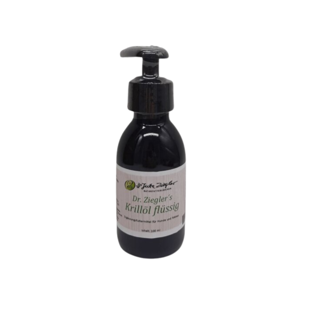 Schwarze Kunststoffflasche mit Pumpverschluss, beschriftet mit 'Dr. Ziegler's Krillöl flüssig' und einem grünen Logo oben links.