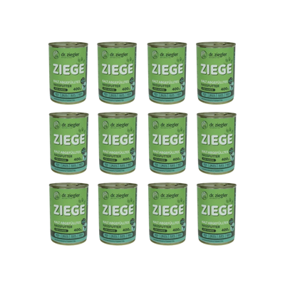 12 Dose mit grünem Etikett für Hundefutter von dr. ziegler. Aufschrift 'ZIEGE', 400g, mit Angaben zu Inhaltsstoffen: 65% Fleisch & Gemüse, 0% Zusatzstoffe.