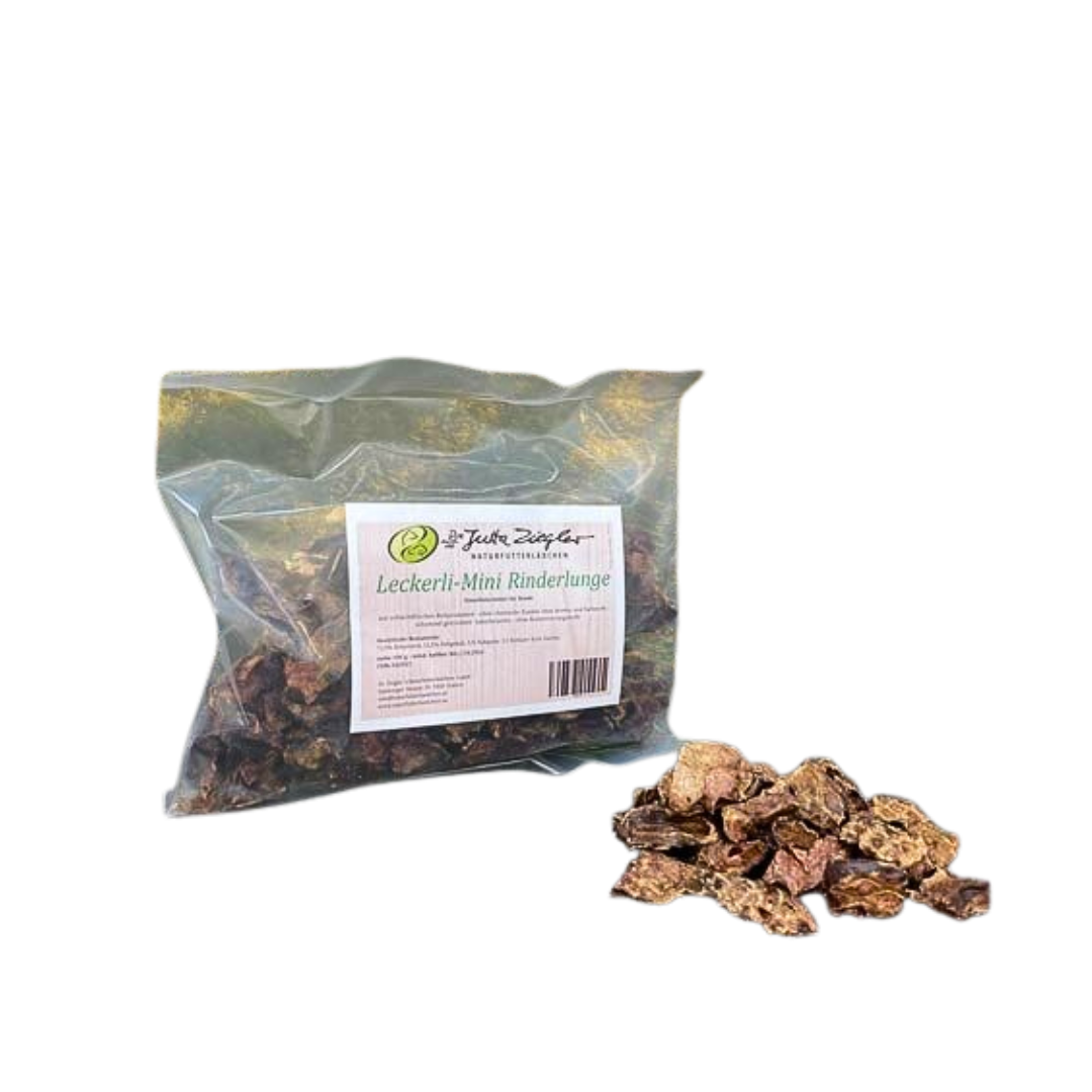 Beutel Dr. Ziegler Leckerli-Mini Rinderlunge für Hunde, getrocknete Stücke.