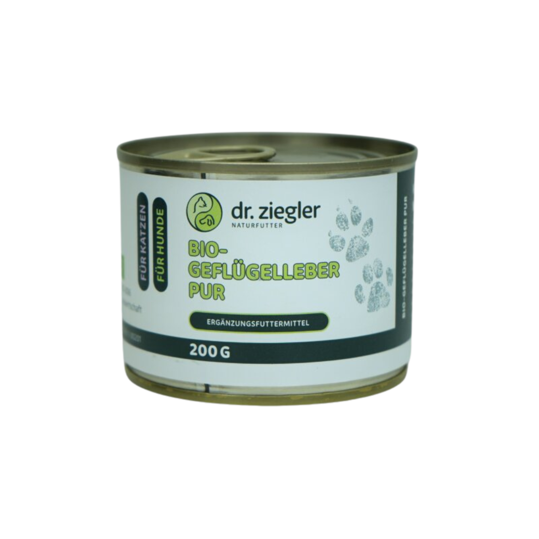 Dose mit dem Produkt 'dr. ziegler BIO-GEFÜGELLEBER PUR', 200 g, für Katzen und Hunde, mit Pfotenabdruck-Muster auf der Seite.