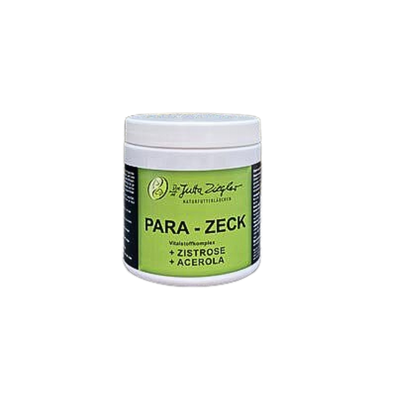 Runddose mit weißem Deckel und grünem Etikett. Auf dem Etikett steht 'PARA - ZECK' sowie '+ ZISTROSE + ACEROLA'.