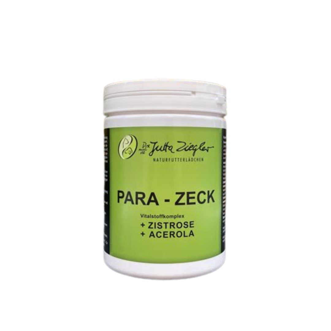 Runddose mit weißem Deckel und grünem Etikett. Auf dem Etikett steht 'PARA - ZECK' sowie '+ ZISTROSE + ACEROLA'.