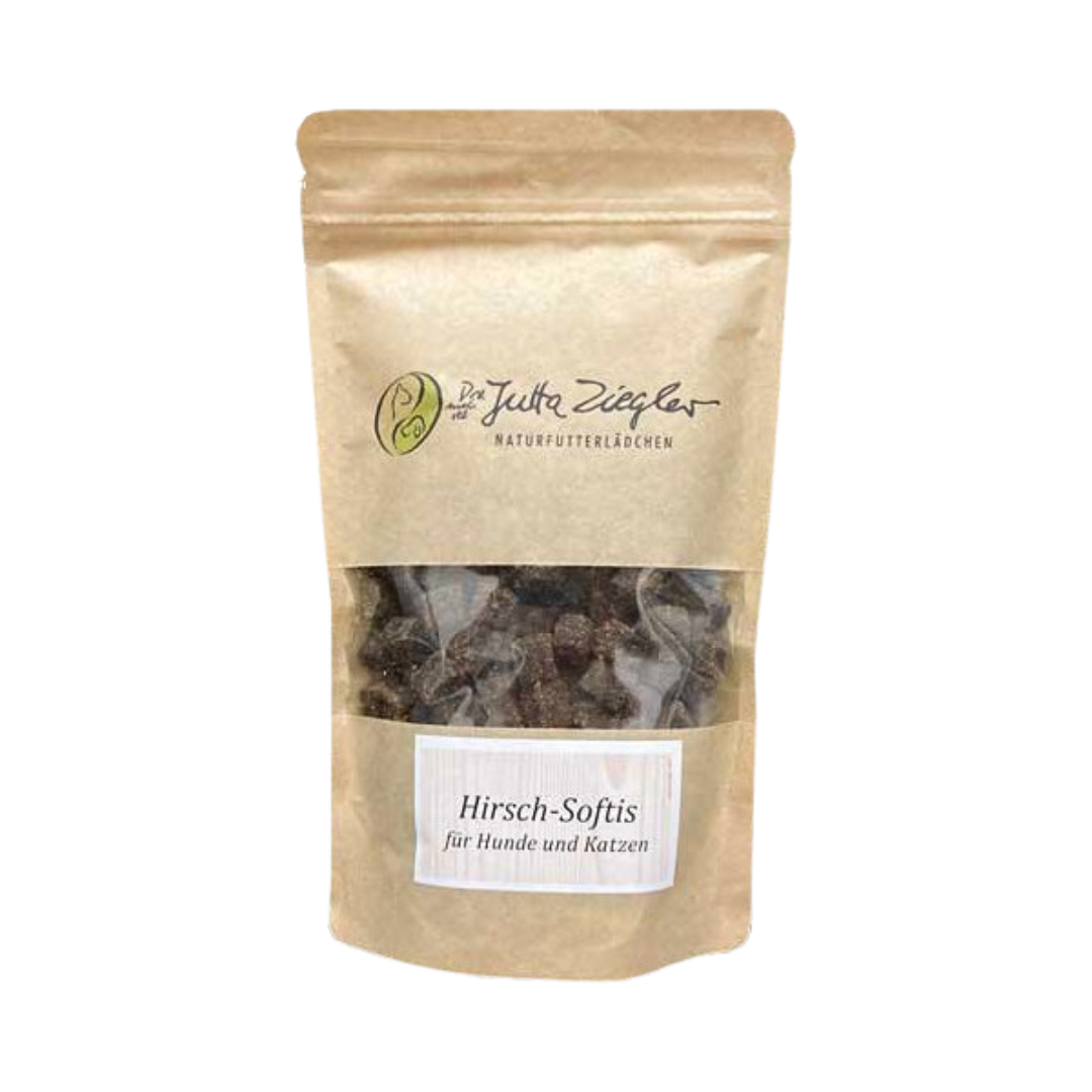 Verpackung von 'Hirsch-Softis für Hunde und Katzen' in einem braunen Beutel mit transparentem Fenster. Der Beutel hat eine flache Form und ist oben mit einem Zipper verschlossen.