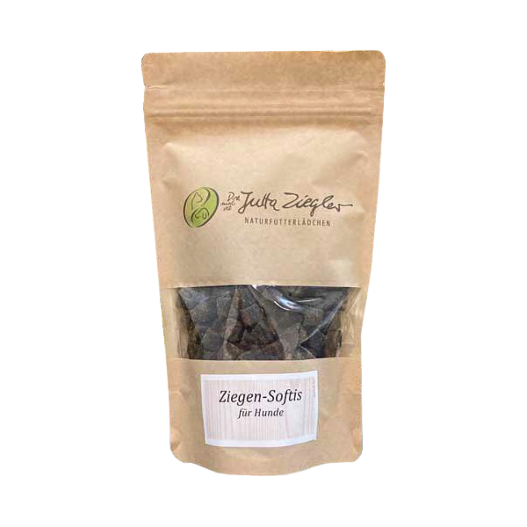 Verpackung von 'Ziegen-Softis für Hunde' in einem braunen, transparenten Beutel. Die Vorderseite zeigt das Logo 'Das sind Justa Ziegler'.