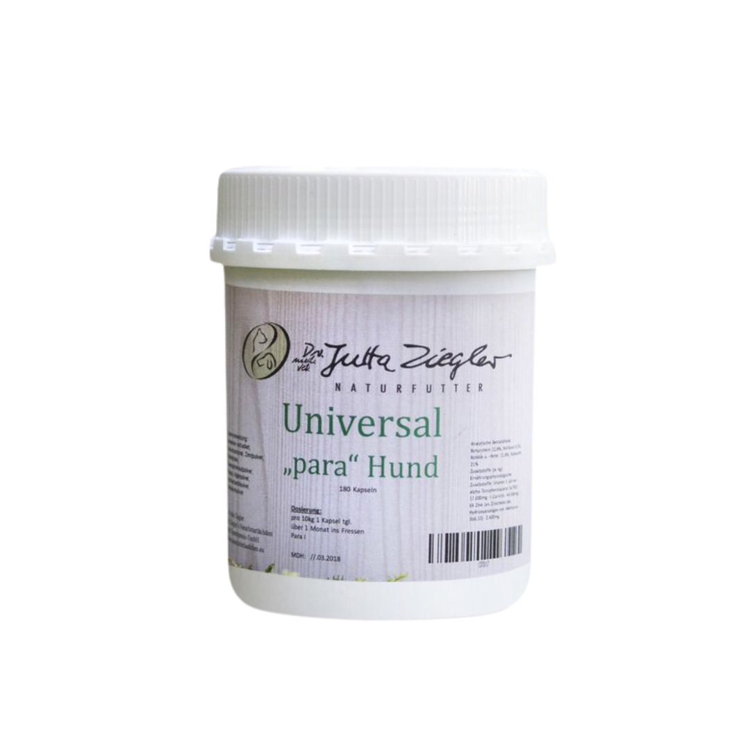 Weißer Kunststoffbehälter mit Schraubverschluss, beschriftet mit 'Universal "para" Hund' und '180 Kapseln'